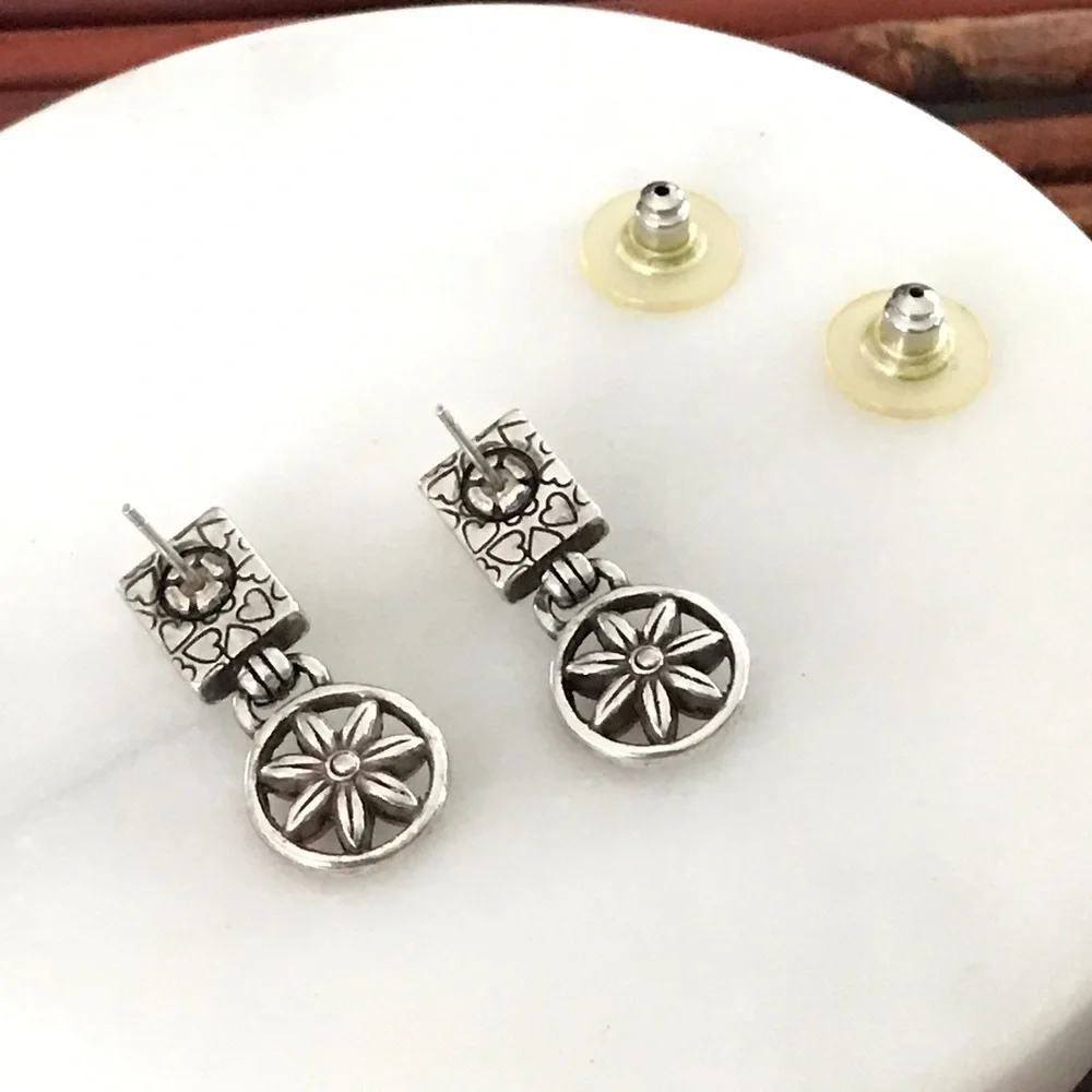 Brighton Silver Floral & Crystal Drop Post Earrings
